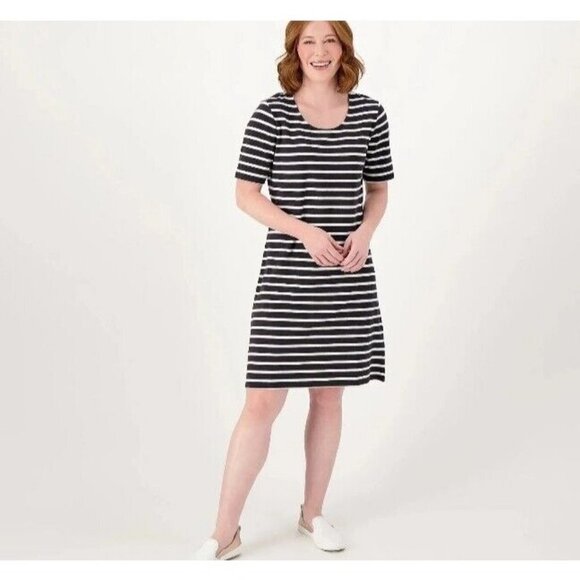 Denim & Co. Striped Favorite Jersey Petite Scoop Neck Dress Black, Petite Medium - Picture 1 of 1